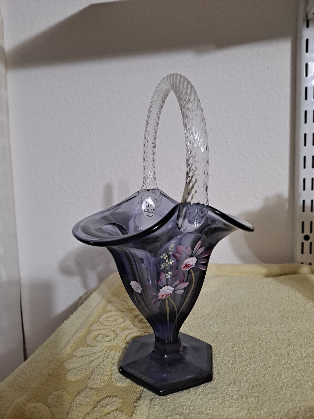 Hand-Painted Amethyst Glass Basket with Clear Twisted Handle - Fenton